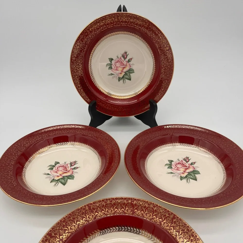 Homer Laughlin Lady Stratford Soup Bowl Set 4 Maroon Red Gold Rose Vintage